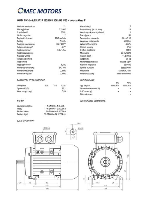 silnik elektryczny 0,75kW 2900obr. 3fazowy 71B3 OMT