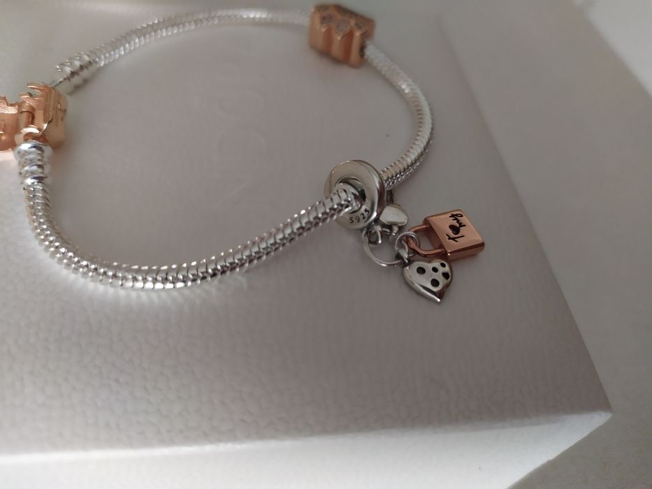 Bransoletka Pandora + charms łapka bloker/kłódka, komplet