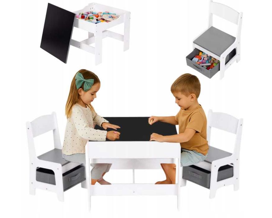 Meble dla dzieci, stolik + dwa krzesła, tablica kredowa