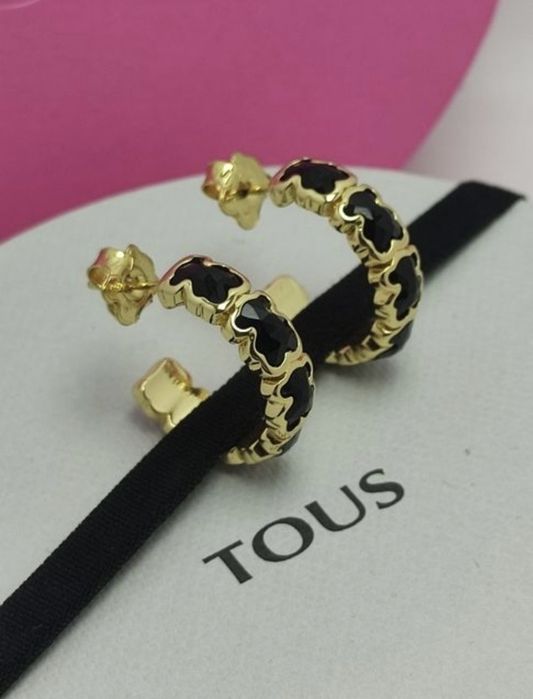 Kolczyki z misiem żółte srebro vermeil 925 z onyksem