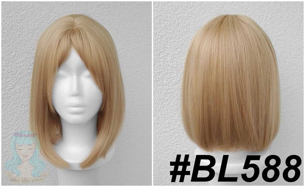 Krótka blond jasna brązowa peruka bob do ramion z prostą grzywką krótki jasny brązowy wig cosplay na konwent halloween zabawę karnawał imprezę