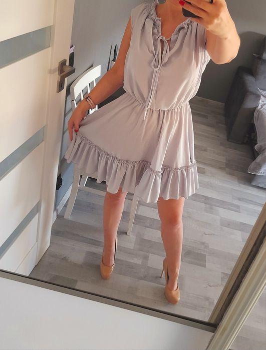 Sukienka hiszpanka letnia O'la voga M L szara falbanki falbanka