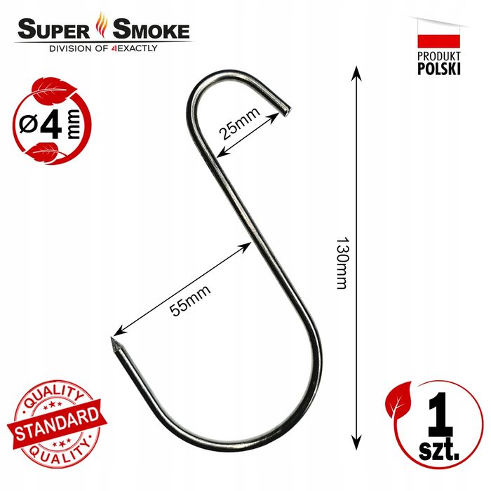 Hak Wędzarniczy SuperSmoke typu "S" do mięs i wędlin 4mm 13cm Standard