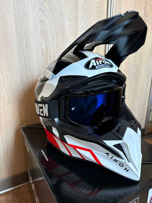 Kask motocyklowy Airoh Wraap Reloaded Red Gloss + gogle Raven Sniper | Stan idealny