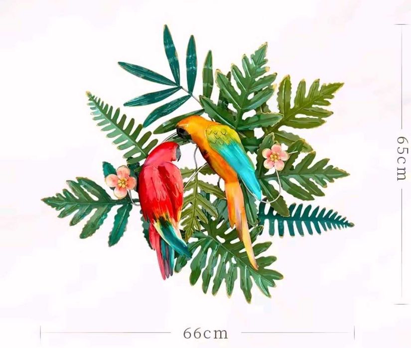 Decoração de parede em metal tropical papagaios grande 75x65