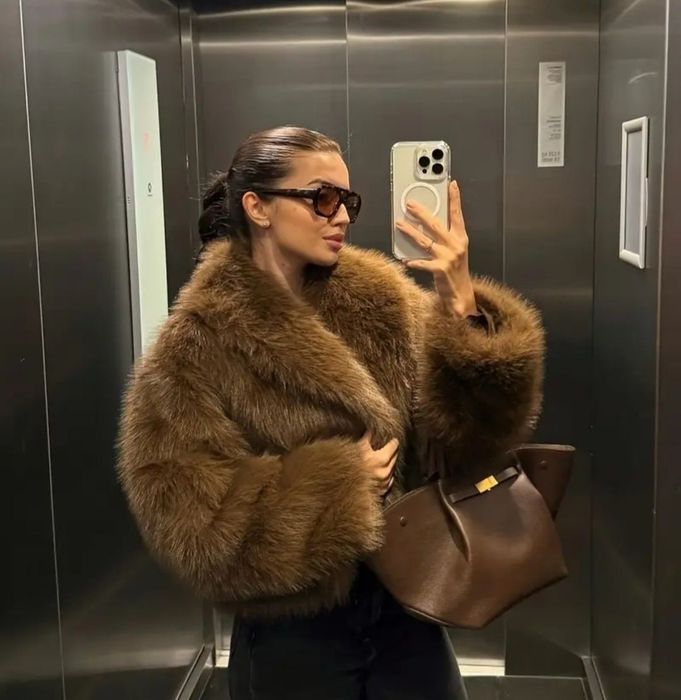 Nowe czekoladowe brązowe viralowe futerko damskie S