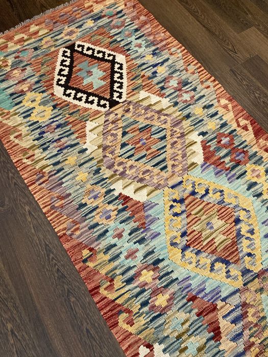 Tapete Kilim oriental feito à mão em lã natural 307x83cm - Novo
