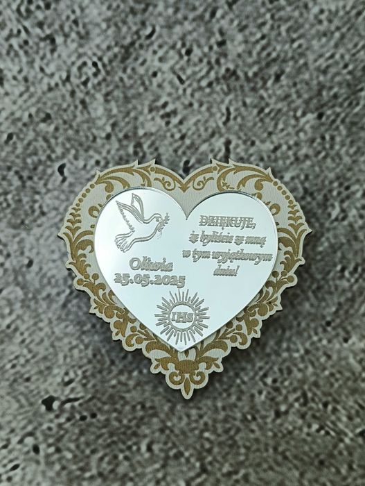 Podziękowanie dla gości Pierwsza Komunia serce ażur plexi magnes