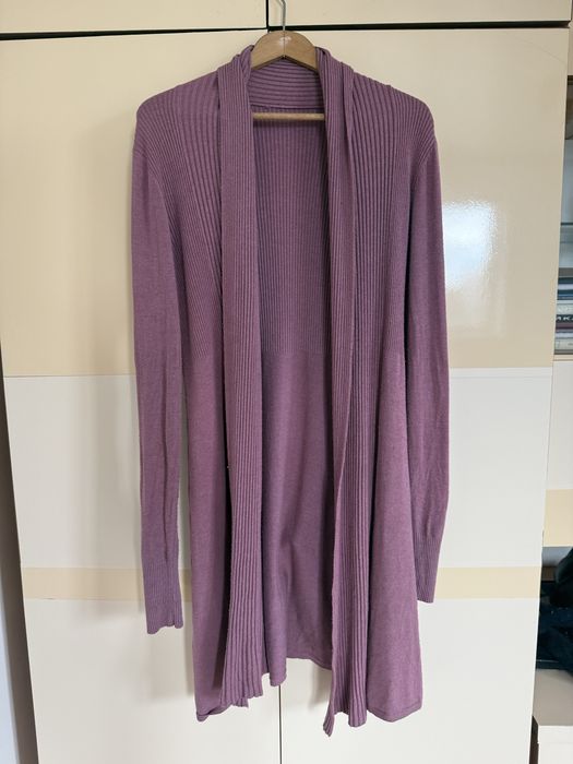 Sweter liliowy długi 94–95 cm luźny elastyczny M–XL