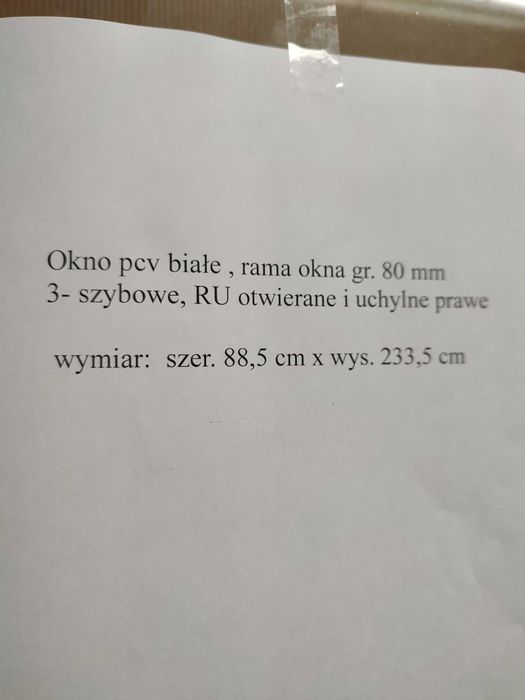 Sprzedam nowe okno balkonowe 885/2335 RU prawe, 3-szyby, rama 8 cm