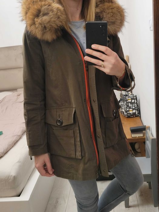 Parka ciemna zieleń futro z jenota M