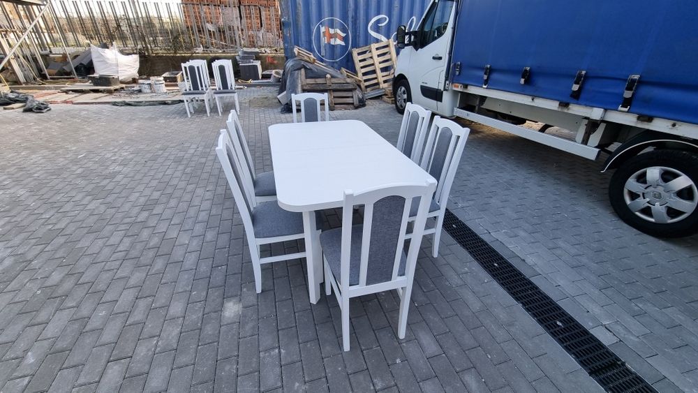 Nowe: Stół rozkładany z 6 krzesłami, OD RĘKI, biały + szary