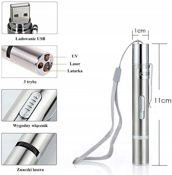 Laser Latarka LED USB Klips Dla Kota Kot Wzorki UV
