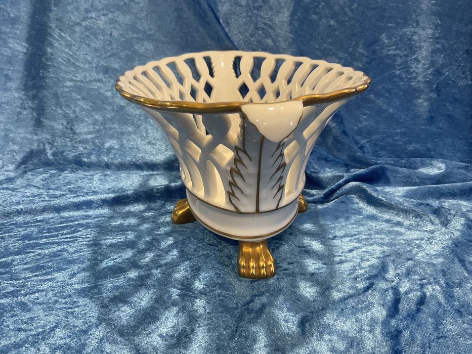 Fruteira vista alegre porcelana pintura manual a ouro 31 cm