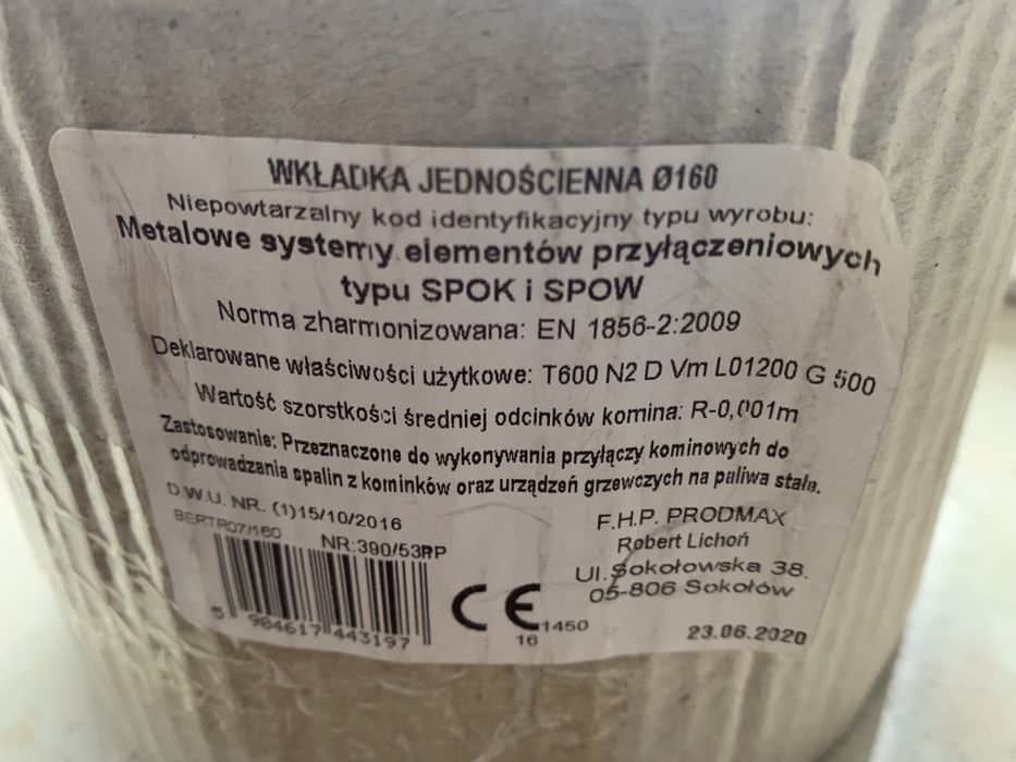Wkładka do komina jednościenna 160mm
