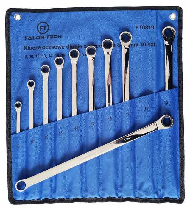 Набір довгих накидних ключів із тріскачкою 10 од., 8-19 мм Falon-Tech