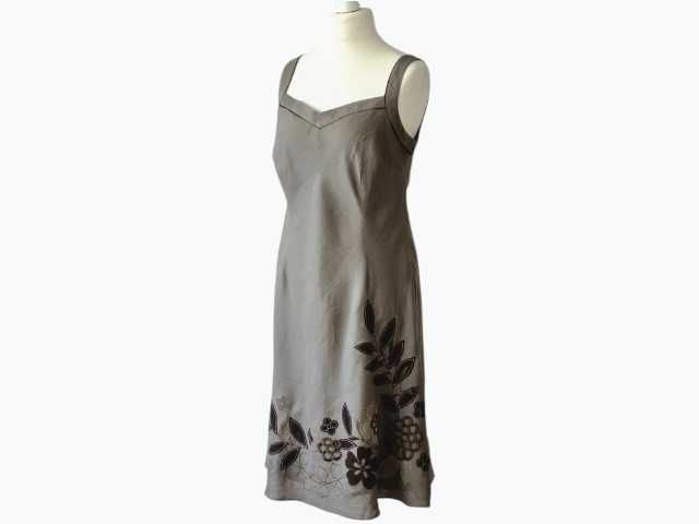 Lniana sukienka midi John Rocha z haftem, 100% len, kawa z mlekiem, premium, XXL / 44