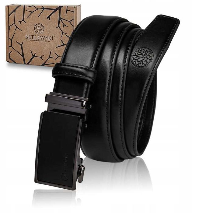 BETLEWSKI Klasyczny Pasek Męski Do Spodni Czarny Skórzany Klamra