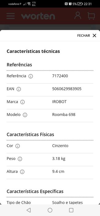 Aspirador Robô IROBOT Roomba 698 Wi-fi (Autonomia 90 min - Cinza médio