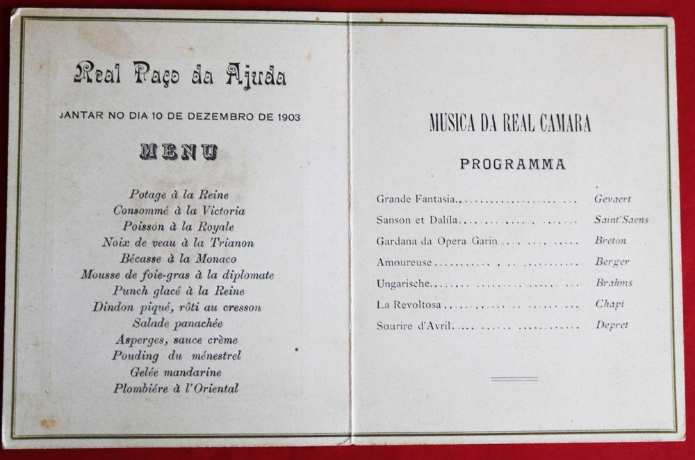 Real Paço da Ajuda menu do jantar de gala para Afonso XIII 1903