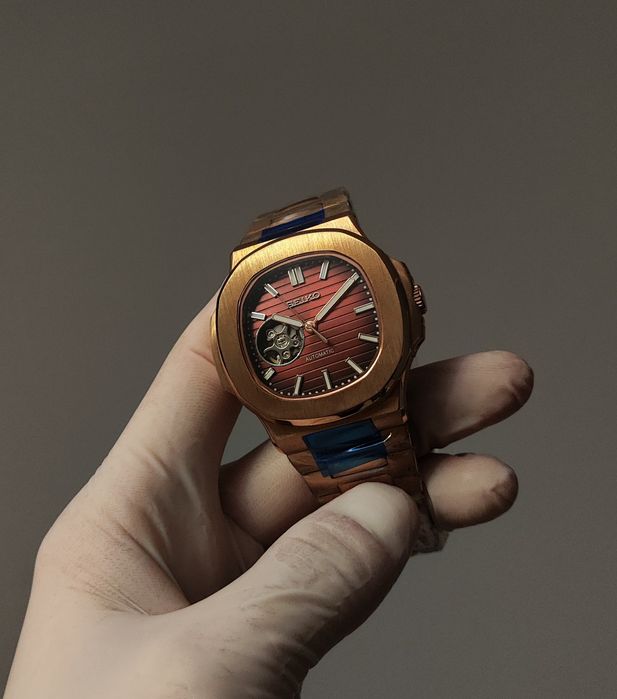 Seiko MOD Nautilus Brązowy Open Heart Rose Gold Custom Nowy