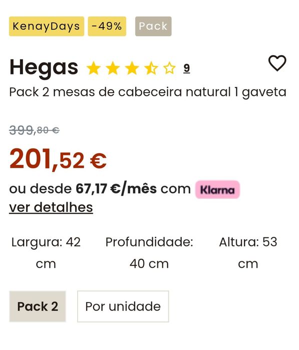 Pack 2 mesas cabeceira natural 1 gaveta