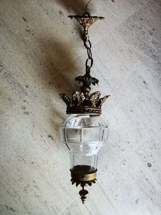 Candeeiro Suspensão Antigo / Lanterna de Hall em Bronze e Cristal