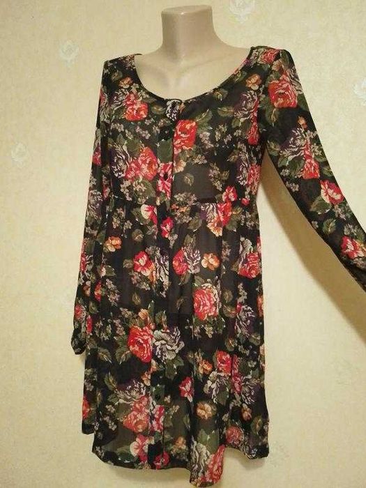 Сукня туніка шифон в квіти на ґудзиках з карманами