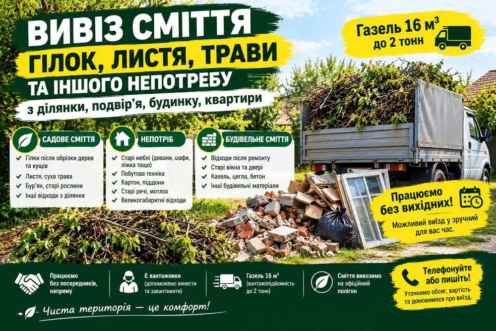Вивіз гілок, сміття, будівельного сміття та мотлоху, працюємо без вихідних