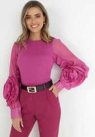 Fuksjowa bluzka z kwiatami na rękawach rozmiar S na M