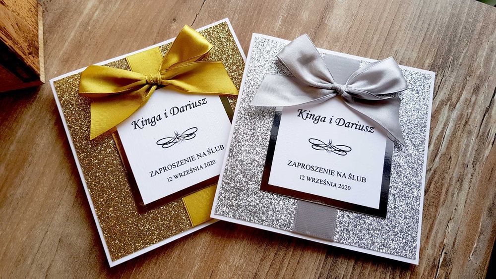 Zaproszenia ślubne GLAMOUR brokatowe złote srebrne