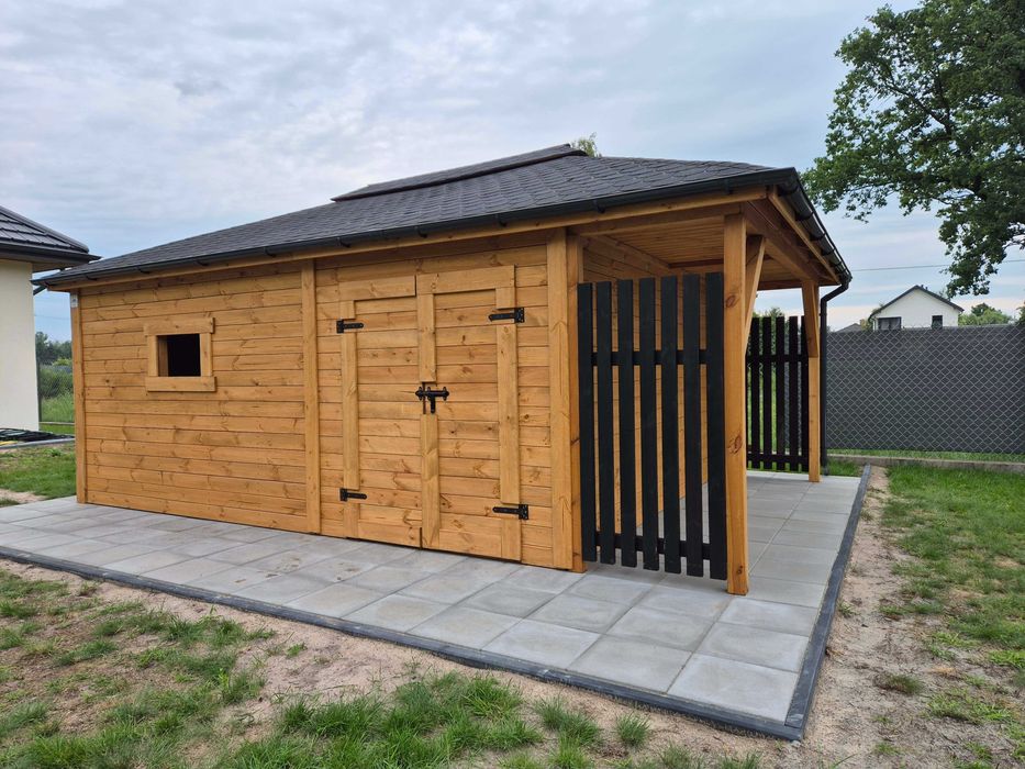 Domek narzędziowy BAMBI 4x6 m z lamelami i drewutnią