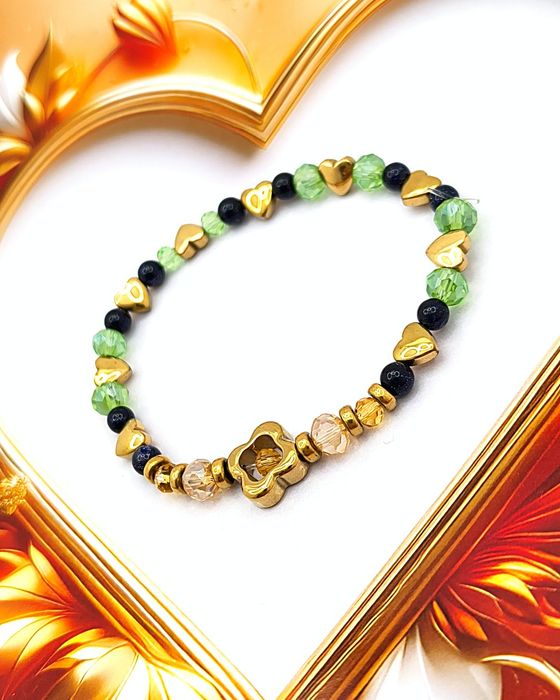 Bransoletka PREZENT | Serduszka Koniczyna Hematyt Crystal Beads