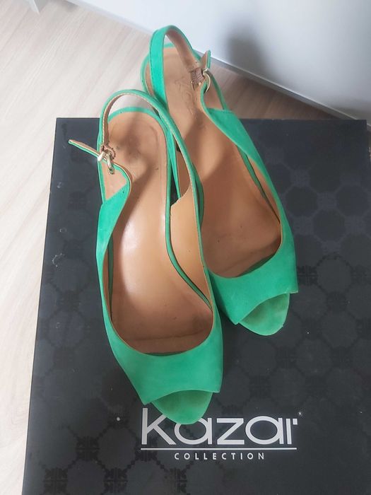 KAZAR JAK NOWE sandaly buty 38 zielone skóra koturn