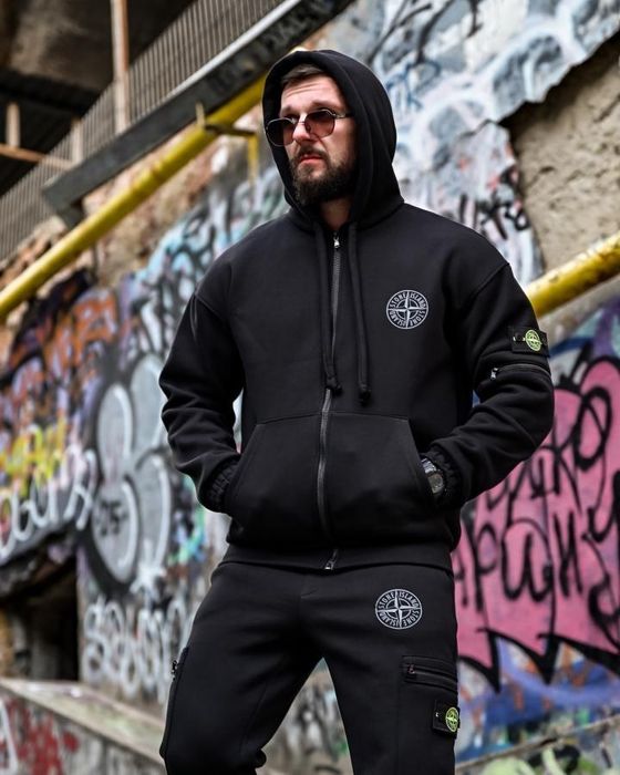 Чорний теплий на флісі зимовий спортивний костюм Stone island Tetra