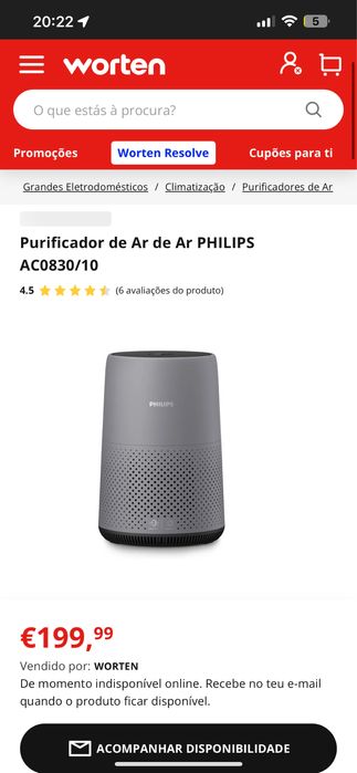 purificador de ar compacto Philips Série 800 (modelo AC0820/10)