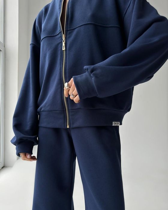 Темно-Синій Костюм із Зіп Бомбером та штанами на високій посадці Новий