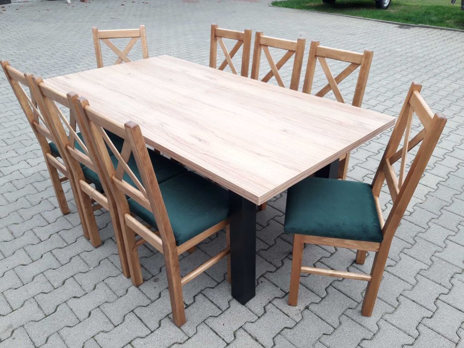 Stol 185/244x95+8 krzesel krzyzowe nogi stolu czarne+blat dab pradawny