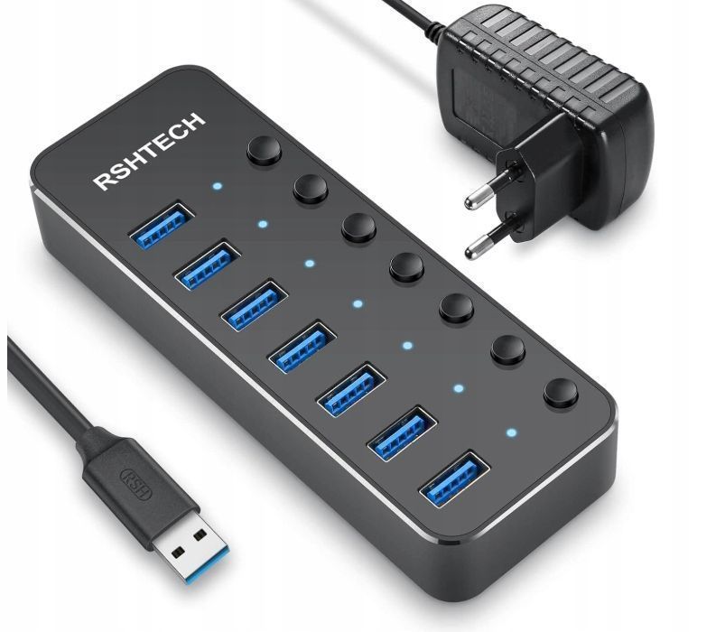 RSHTECH Hub USB 3.0 z 10W Zasilacz Aluminiowy 7 portów USB POWYSTAWOWY
