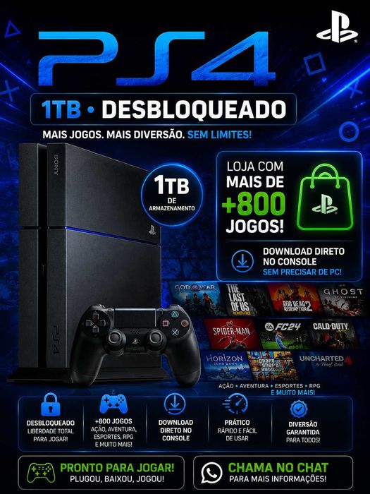 PS4 FAT 1TB DESBLOQUEADO COM + de 800 jogos pronto para jogar!