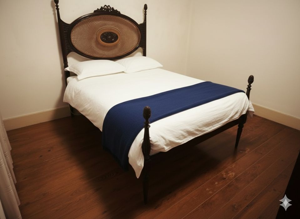 Cama antiga em madeira escura com cabeceira em palhinha