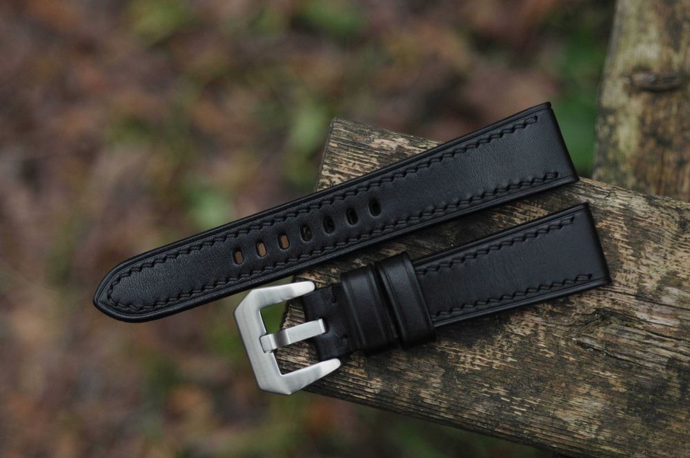 Чёрный кожаный ремешок для часов 22 х 18 мм браслет Ручная работа