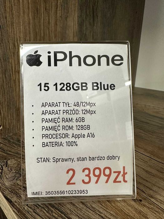 Smartfon Telefon Apple iPhone 15 128GB Blue stan bdb gwarancja
