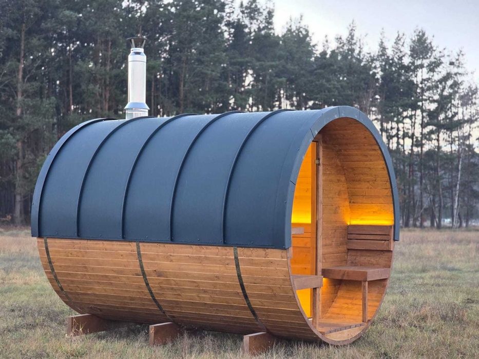 Drewniana sauna beczka XL Docieplona, dach pokryty aluminium 8-10 osób