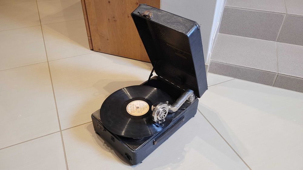 Gramofon na korbkę COLUMBIA No 100 miniaturowy antyk płyta szelakowa