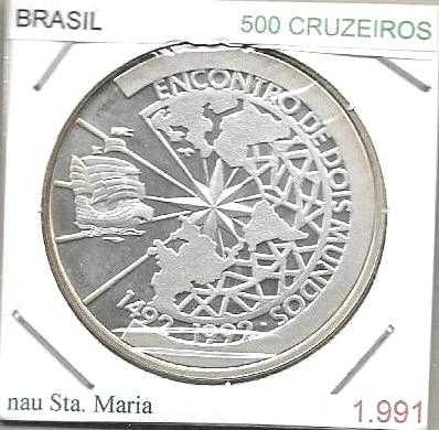 Brasil - 500 Cruzeiros - 1991 -Encontro de Dois Mundos -Moeda de Prata