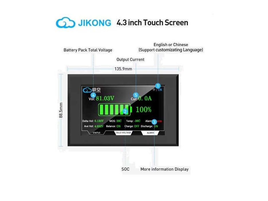 JiKong JK LCD 4.3" Сенсорный Экран Дисплей TFT Монитор BMS
