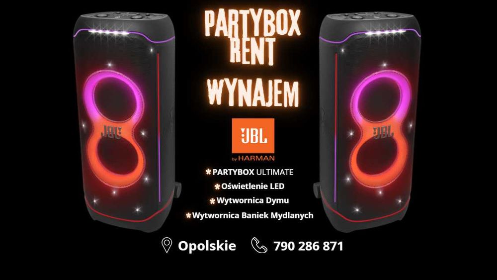 PARTYBOX RENT Wynajem Nagłośnienia JBL PartyBox Ultimate Oświetlenie Wytwornica Baniek Mydlanych Dymownica