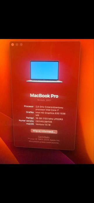 MacBook Pro 15” i7 / 16 GB / 250 GB SSD – stan bardzo dobry