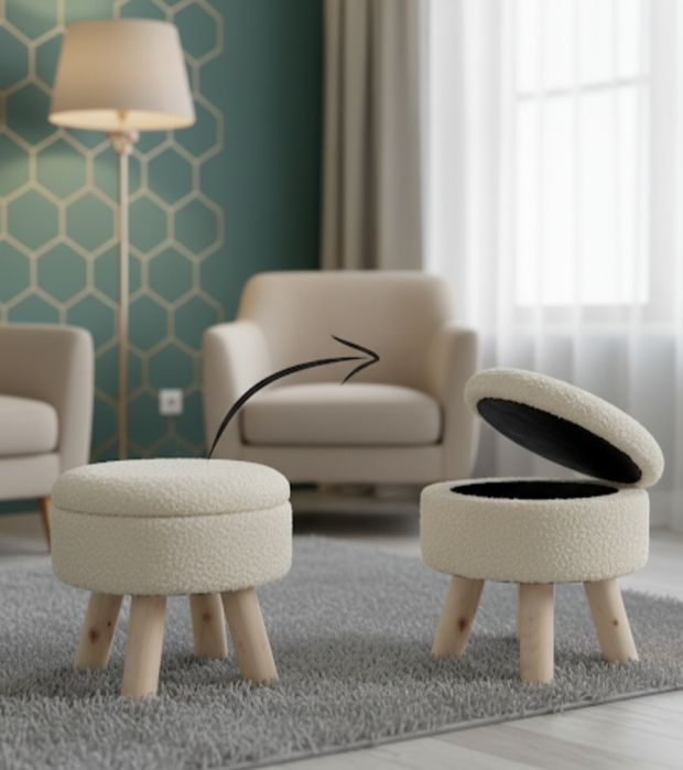 Pufa okrągła ze schowkiem –beżowa, elegancka i praktyczna pufa na nogi